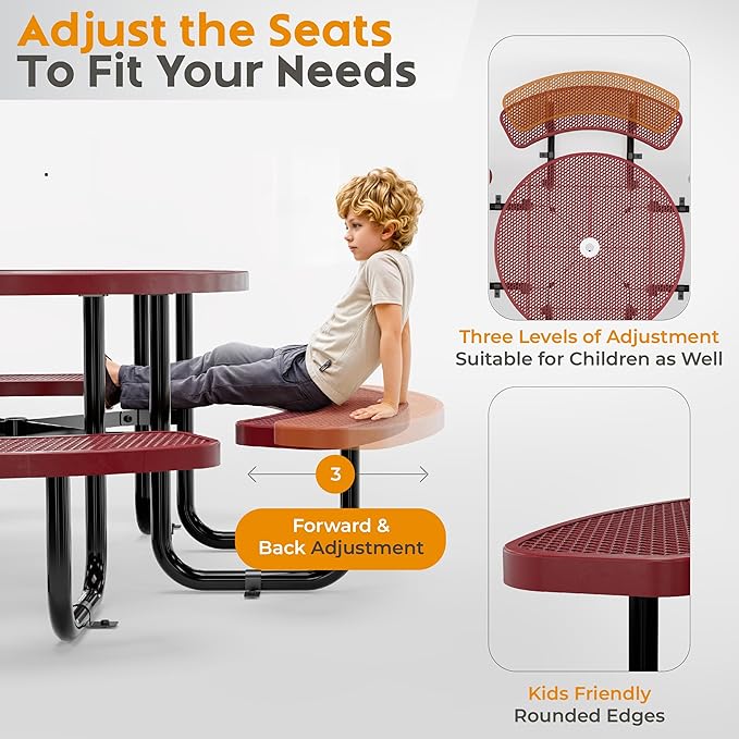 Metal Picnic Tables for Outdoors with Umbrella Hole - Coated Steel Heavy Duty Commercial Grade Table with Adjustable Seats (Red, 46 in, Round, Expanded Steel)