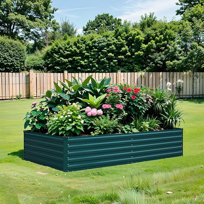 Raised Garden Bed 8×4×1.5FT, Galvanized Raised Garden Beds Outdoor for Vegetables Flowers Herbs, Steel Large Deep Root Planter Box, Tall Raised Garden Bed Kit with 3ftx30ft Weed Barrier Fabric, Green