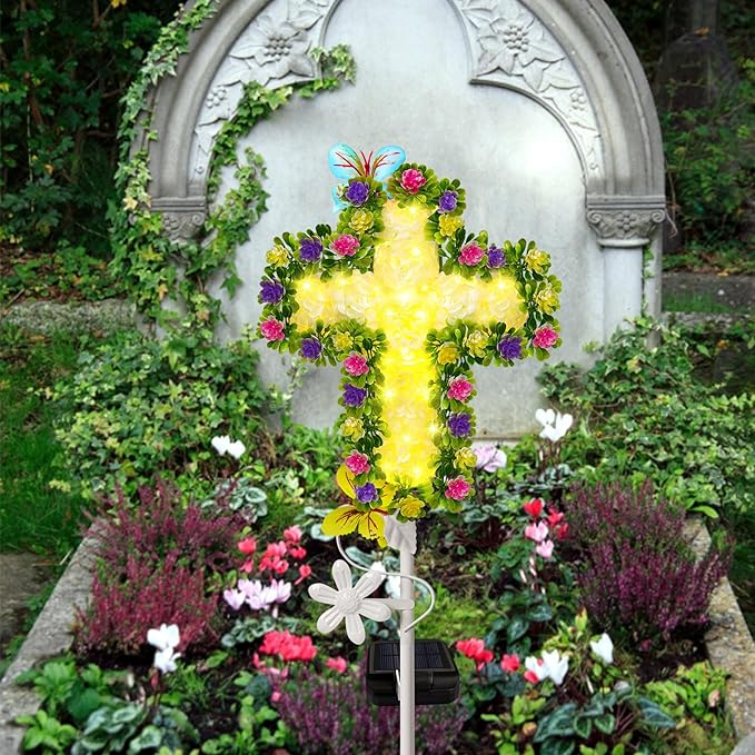 YJFWAL Solar Flowers Cross Garden Stake Lights, Yard Solar Lights Cemetery Decorations for Grave Outdoor Jesus Cross Sympathy Memorial Gifts for Grandmother, Garden Yard Lawn Patio Pathway
