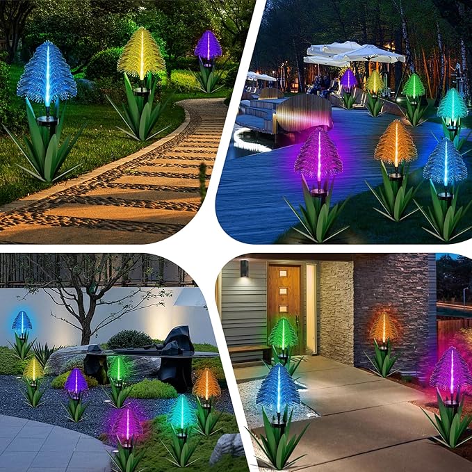 Metal Outdoor Decoration Gift Metal Agave Plants Outdoor Decor, Metal Agave Yard Art Garden Lights Solar Outdoor, 7 Color Changing Garden Yard Pathway Xmas Decor Waterproof (1pcs Green)