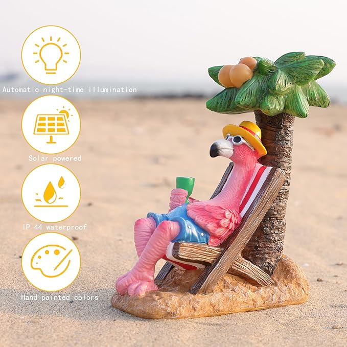 Pink Flamingos for Yard-Solar Statues Outdoor Garden Gifts - Flamingos on Beach Vacation Light up Coconut Tree for Outdoor Lawn Yard Decor
