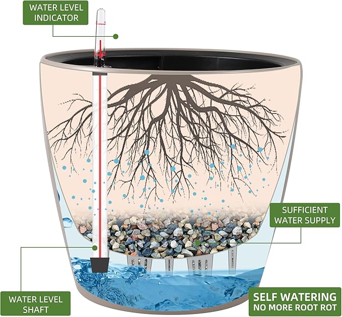 Dexceder 15x14 Self Watering Planter with Wheels Indoor Outdoor, Inner Pot Design, Thickened Large Floor Standing Flower Plant Pot with Water Level Indicator (Taupe Matte)
