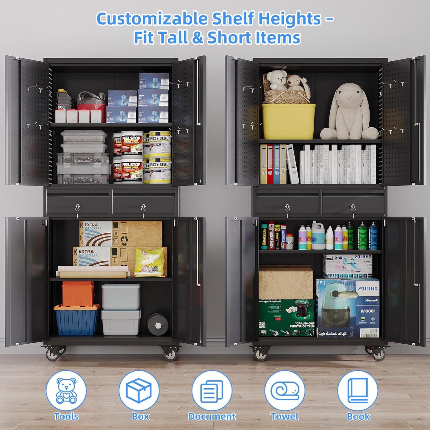 71''H Metal Garage Storage Cabinet with Wheels & 4 Pegboard,Rolling Tool Cabinet with Adjustable Shelves & 2 Lockable Drawer for Garage,Office,Home, Assembly Required,Black