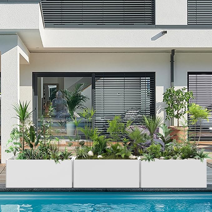 Outdoor Metal Planter Box - Heavy-Duty Rectangular Trough, All-Weather Rust-Resistant Design with 6 Drainage Holes | Large 36x15x15 Inch for Patio, Porch & Garden, White