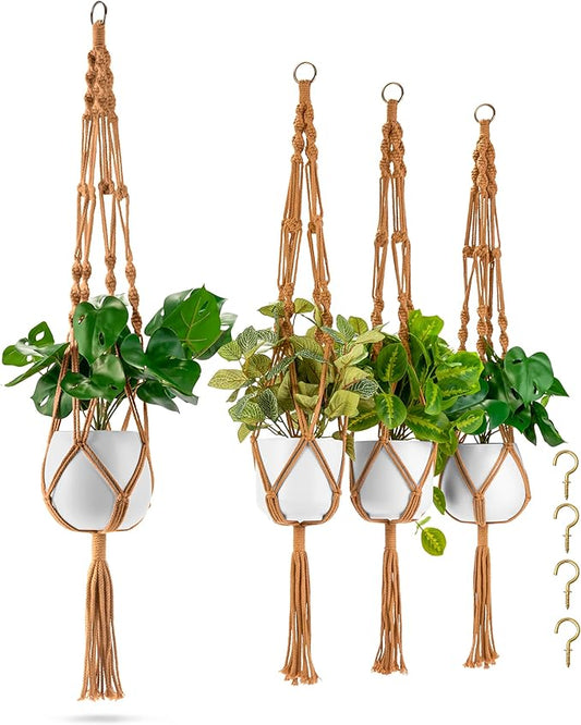 Sorbus Macrame Plant Hanger (4 Pack) Indoor Outdoor Hanging Plant Pots Cotton Rope, Elegant for Home, Patio, Garden (Brown)