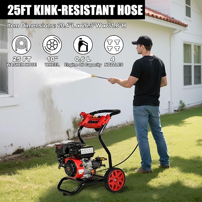 Gas Pressure Washer, 3950 PSI and 2.6 GPM, 7HP Engine with Copper Pump, 25FT Hose and Foam Cannon, 4 Nozzles, for Cars, Driveways, Fences