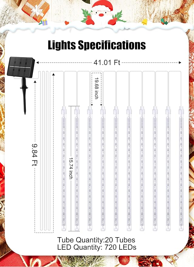 Solar Meteor Shower Lights 20 Tubes 16 Inch 720 LED Solar Christmas Lights Outdoor Waterproof, Snow Cascading String Lights for Outside Christmas Halloween House Tree Decoration, Warm White