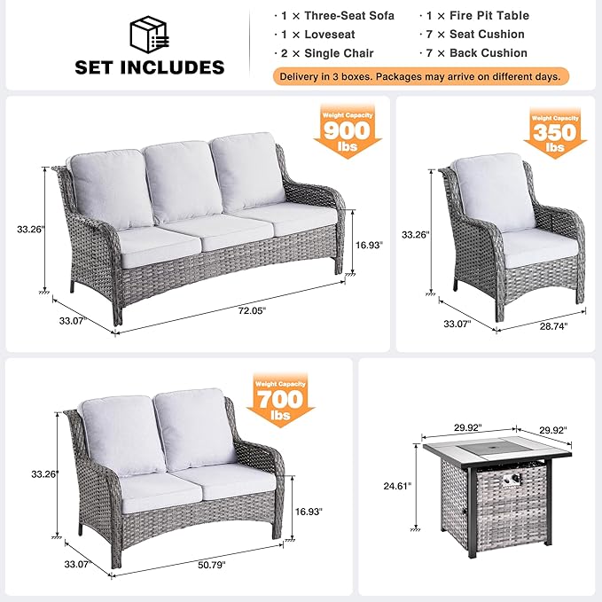 ovios 5 Pieces Patio Furniture Set with 30" Fire Pit Table, Outdoor Wicker Sofa with Loveseat, Comfy Cushions, High Back Couch Conversation Set, Grey Rattan, Grey