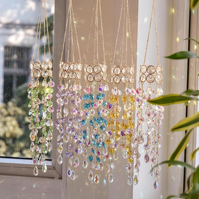 Hanging Window Garden Crystal Sun Catcher, Gold-Plated Sun Catcher for Indoor and Outdoor Decoration, Light Catcher, Party Crystals (Blue)
