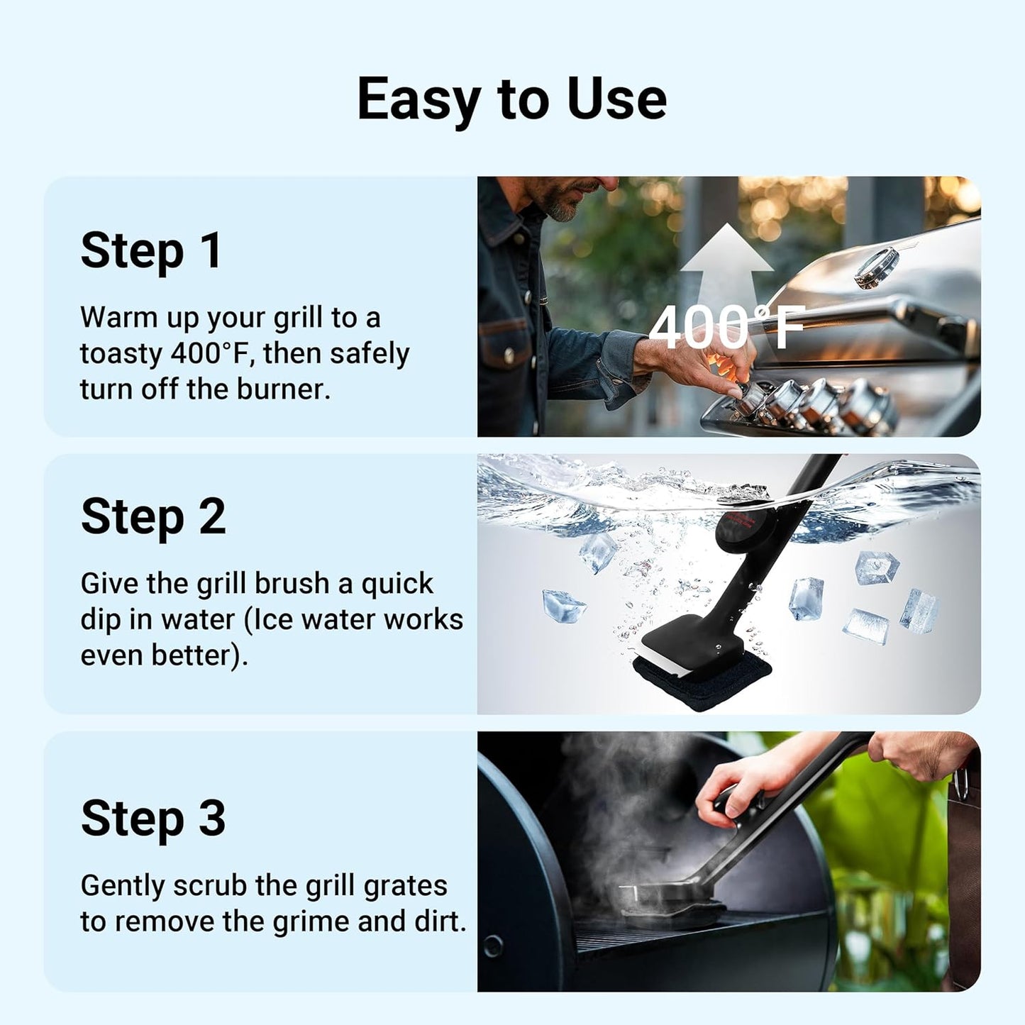 Grill Brush Bristle Free with 3 Replacement Brush Heads, Steam Grill Brush with Scraper, Non Metal Bristles for Cast Iron, Stainless-Steel Grates, Safe for Non-Stick Surface, Black