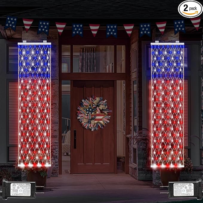 DBFAIRY 2 PCS American Flag Lights, 336 LED 4th of July USA Flag Lights Outdoor with Timer, 8 Modes Red White Blue Banners Lights for Independence Flag Day, Each 6.6Ft (L) x 1.2Ft (W)