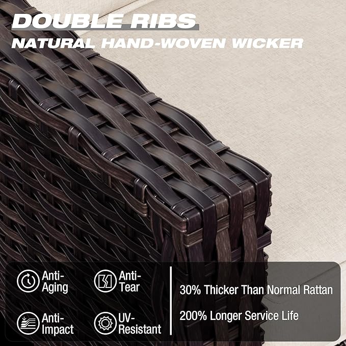 Joyside Wicker Patio Furniture Sets, 7 Pieces Upgraded Large Size Outdoor Furniture with Swivel Rocking Patio Chairs, 3-Seat Sofa, Outdoor Ottoman and Coffee Table, Thick Cushions, Wide Armrest