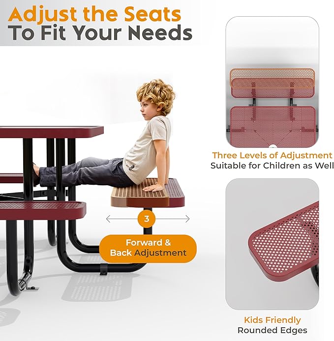 Metal Picnic Tables for Outdoors with Umbrella Hole - Coated Steel Heavy Duty Commercial Grade Table with Adjustable Seats (Red, 46 in, Square, Punched Steel)