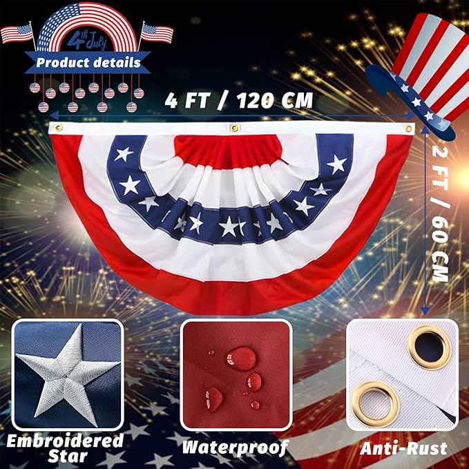 2x4 Ft American Pleated Fan Flag Bunting,Patriotic Bunting Embroidered Stars for Outside,Red White and Blue Decorations for 4th of July Independence Day Memorial Day 1pcs