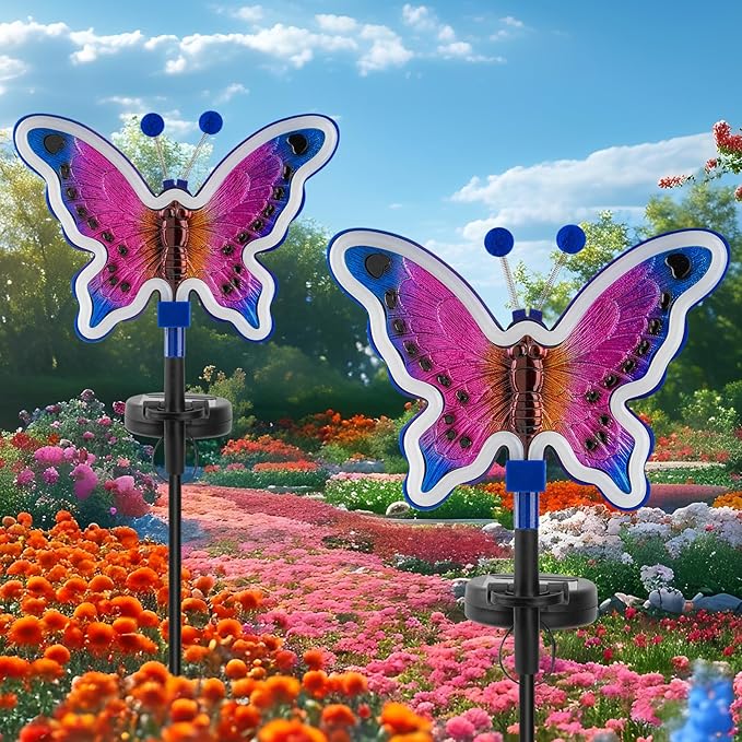 Solar Butterfly Lights, Butterfly Garden Solar Lights，Solar Lights Outdoor Decoration,Waterproof neon Outdoor lamp, Yard Patio Pathway Decor for Outside(Dark Blue, 2 Pack)