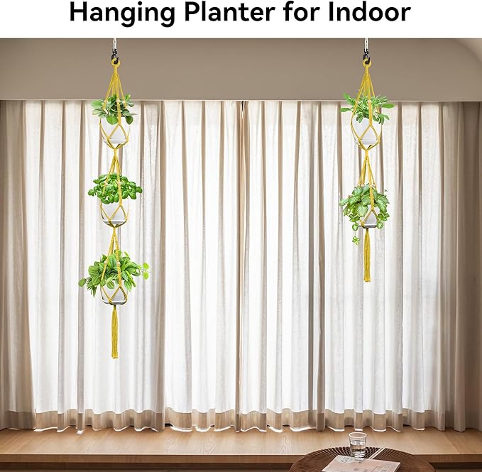 USLAI Macrame Plant Hanger Indoor Outdoor, Up to 4-15 inch Pot, Heavy 20lb Planters, Extra Long Strong Hanging Planter Basket Holder, Boho Home Decor, 49+72 Inch, Yellow (POTS NOT Included)