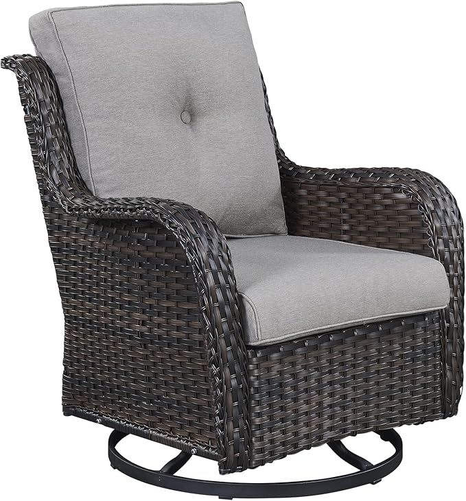 Outdoor Patio Swivel Rocker Chairs - Single Wicker Rattan Patio Swivel Rocking Chair with High Back,Deep Seating and Comfort Cushions for Deck Porch Garden,Brown/Grey