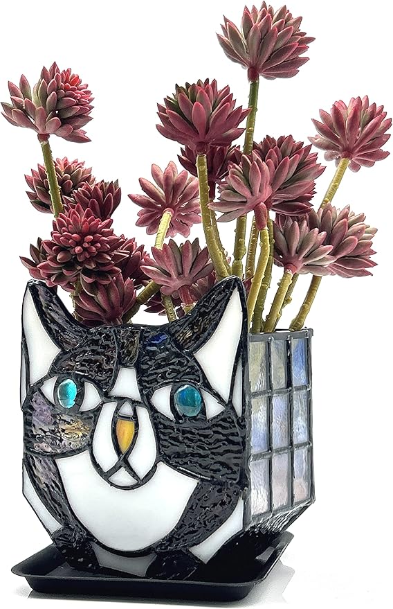 Tiffany Cute Cat Stained Glass Flower Pots,Indoor and Outdoor Plant Displays,Black Cat Plant Planter,Candle Holder Container Decoration 4.6 x 5.15 x 3 inch(Without Succulents)