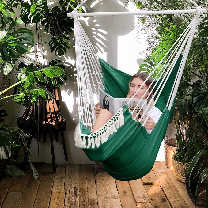 Chihee Hammock Chair Hanging Chair with Foot Rest 2 Cushions Max 500lbs Robust Metal Spreader Bar Collapsible Easy Storage Soft Cotton Swing Chair Strong Strap Iron Carabiner Side Pocket Included