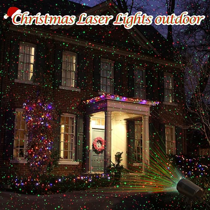 Christmas Projector Lights Outdoor, Firefly Show Decorations, Red and Green Stars Holiday Lights, Waterproof Remote Timer, Garden Indoor Wedding Home Party Gift