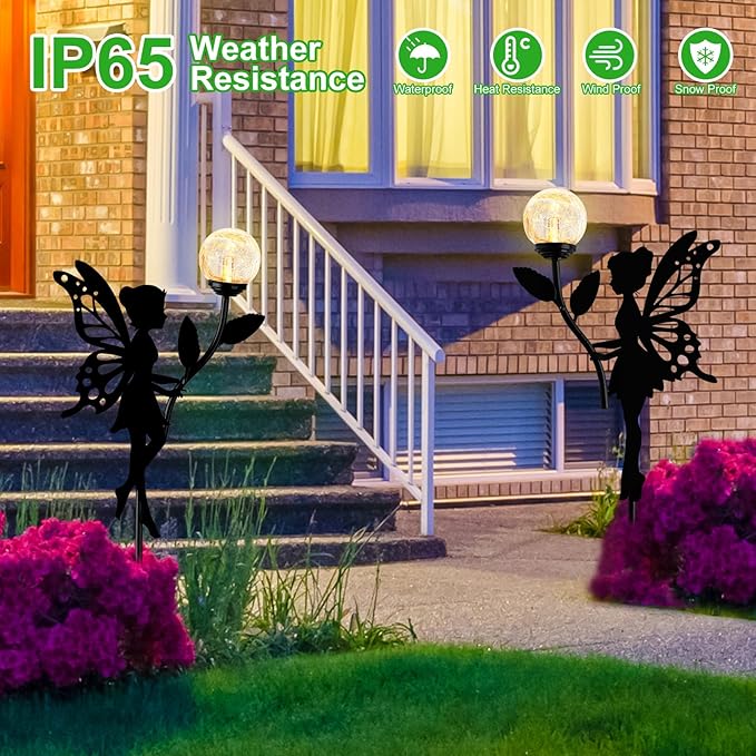 Ouddy Decor 2 Pack Solar Fairy Garden Decor, Metal Statues with Crackle Glass Globe Lights Silhouette Waterproof for Outdoor Lawn Patio Yard Pathway Home Decorations Gardening Gifts for Mother's Day