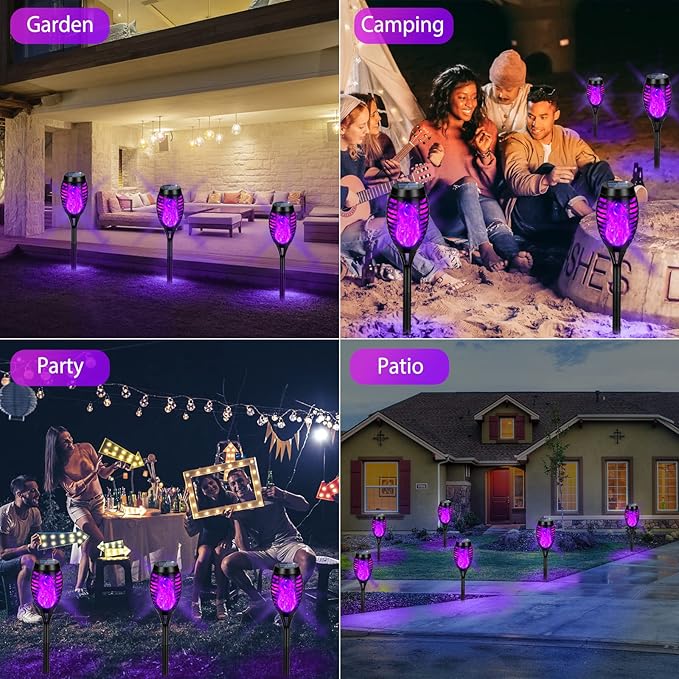 Solar Lights Outdoor, Upgraded 12 Pack Purple Solar Torch Light with Flickering Flame Waterproof for Garden Decor, Flame Torches for Outside Landscape Porch Yard Pathway Decorations
