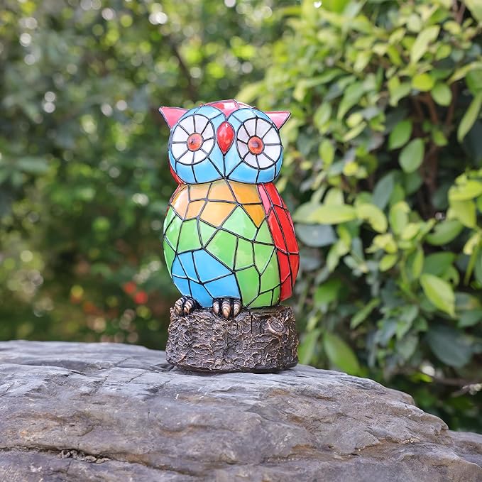Solar Owl Garden Statues,Owl Decor for Outdoor,Resin Colorful Owls Figurine with Solar Light for Patio,Balcony,Yard,Lawn Ornament,Perfect Garden Gift