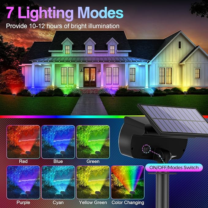 Solar Color Changing Spot Lights Outdoor, Multicolor Landscape Spotlights, IP65 Waterproof, Large Solar Panel, Yard Garden Pathway Light 4 Pack