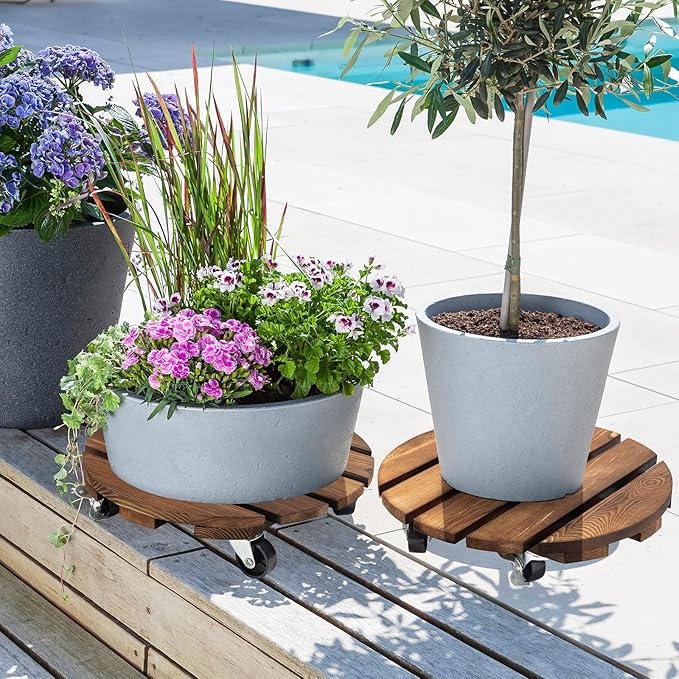 Yangbaga 2pack Plant Caddy 12’’Wood Duty Rolling Plant Stand with 2 360° Lockable Caster Wheels,Indoor Outdoor on Roller Patio/Flower Pot/Succulent Pots