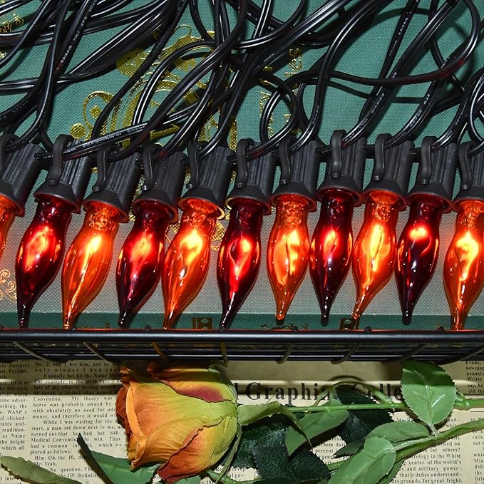 27.8 FT Halloween Decorations, C7 Clear Orange and Purple Halloween Lights, Flickering Flame String Lights Outdoor, E12 Screw Base, Flame String Lights for Halloween Garden Patio Party Decor, Black