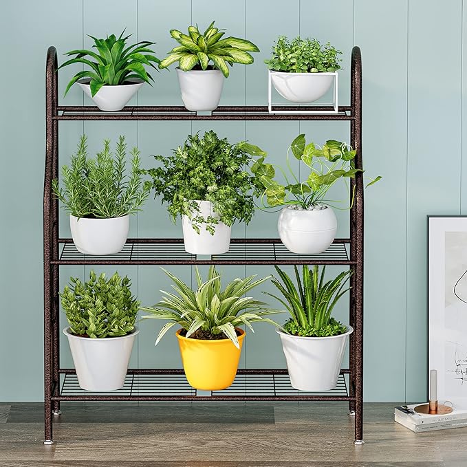 SORCEDAS Plant Stand Indoor Outdoor Plant Shelf 3 Tier Metal Corner Flower Stand Multiple Holder for Patio Garden Balcony Living Room, Bronze