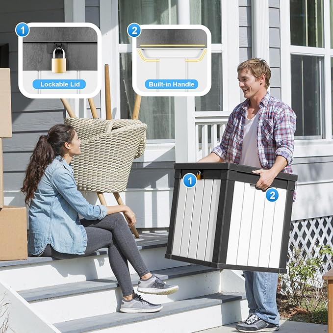 50 Gallon Resin Deck Box, Lockable Outdoor Storage Box for Patio Cushions Storage Furniture,Garden Tools, Pool Supplies, Weatherproof and UV Resistant (Black&White)