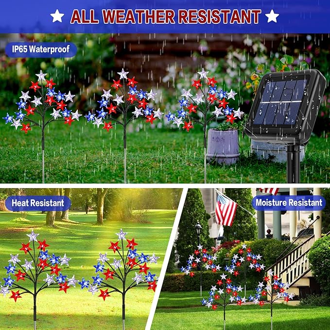 Solar 4th of July Stake Lights, Red White and Blue Lights Outdoor Decorations, Led Patriotic Lights Battery Operated for Memorial Day, July 4th, Veterans Day Outside Decor (4 in 1)