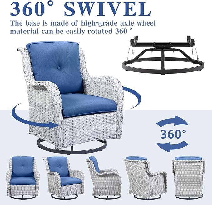 Wicker Patio Furniture Sets - 8 Piece Outdoor Rattan Furniture Conversation Sets with 4 Swivel Rocker Chairs, Rattan Sofa, Wicker Ottomans and Coffee Table, Light Grey/Blue