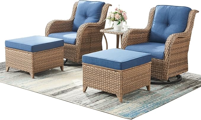 Outdoor Wicker Patio Furniture Set - 5 Pieces Rattan Patio Conversation Set with 2 Rocking Swivel Chairs,2 Ottomans and 1 Side Table for Porch Deck Backyard Garden(Yellow/Blue)