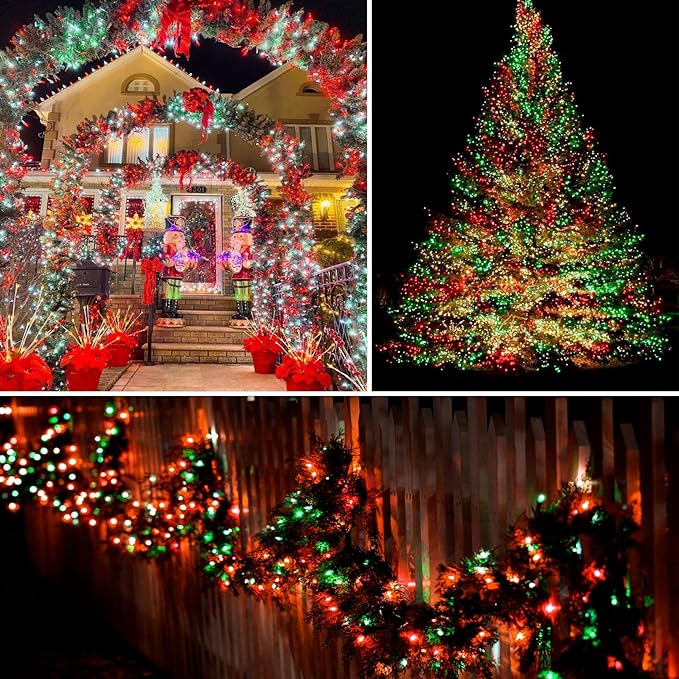 2 Pack Christmas String Lights Indoor Outdoor, Super Bright 66FT 200 LED String Lights Waterproof, Twinkle Xmas Lights with Timer for Christmas Tree Decorations (Red and Green)