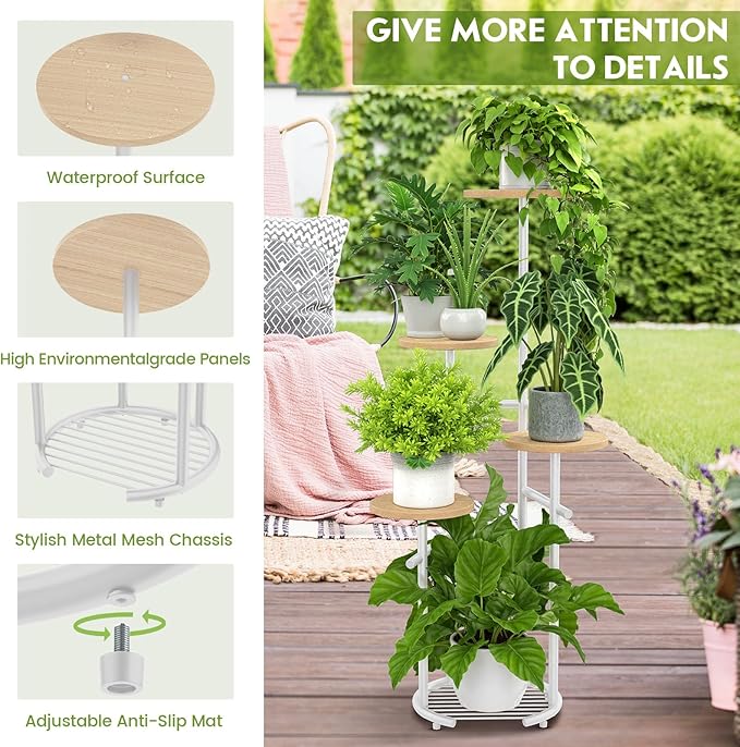 TOSKING 5 Tier Metal Plant Stand Indoor， Plant Shelf, Corner Shelf Flower Pot Stand for Outdoor Plant Stand for Living Room Balcony Garden Patio Bedroom (White and Wood, 42in)
