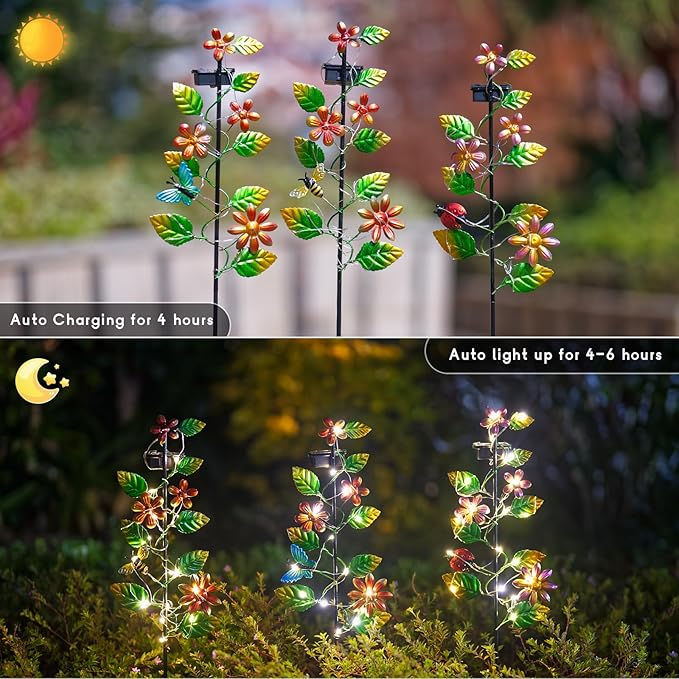 3 Pack Solar Garden Lights, Flower & Insect Metal Solar Stake Light, 23" H Outdoor Statues Figurine Lights for Garden Lawn Patio Yard Decoration