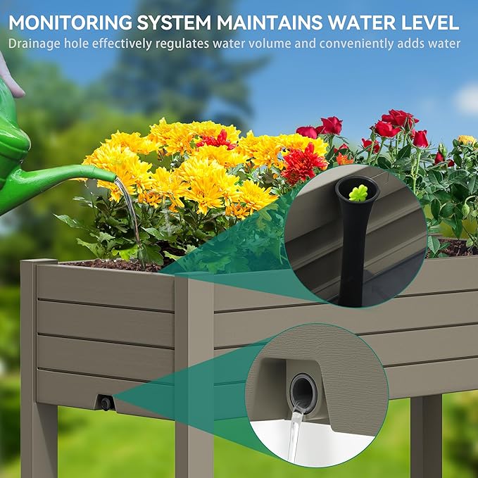 YITAHOME 43.3x17.7x34 in Elevated Garden Bed, Outdoor Plastic Planter Box with Wheels, Legs, Drain Plug, and Storage Shelf for Plants, Vegetables, Flowers, Herbs, Light Brown