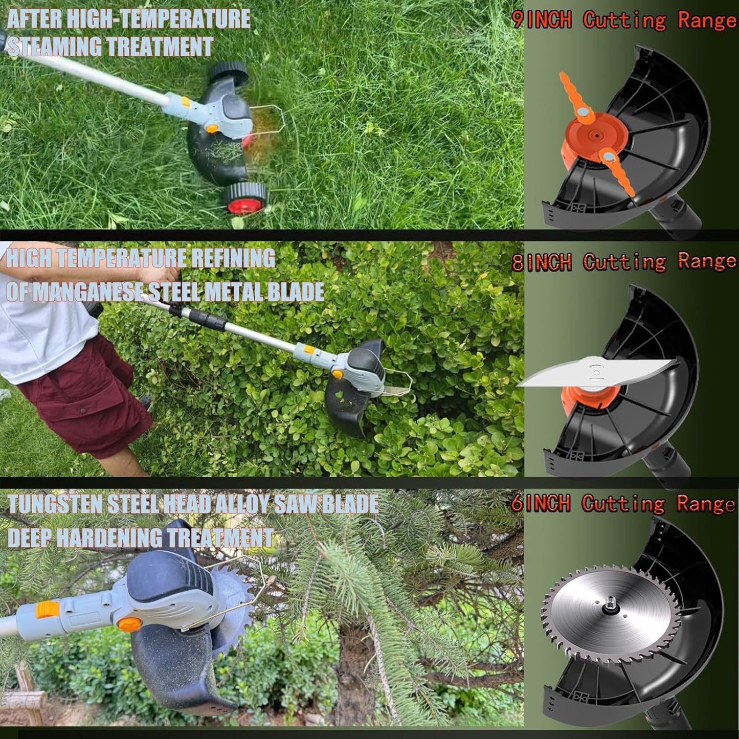 Electric Weed Wacker Eater Cordless Battery Powered, Weed Trimmer 4.0Ah Lightweight No-String with 2 Battery Operated & Wheels, 3 in 1 Stringless Grass Trimmer/Edger/Brush Cutter for Garden Yard Lawn