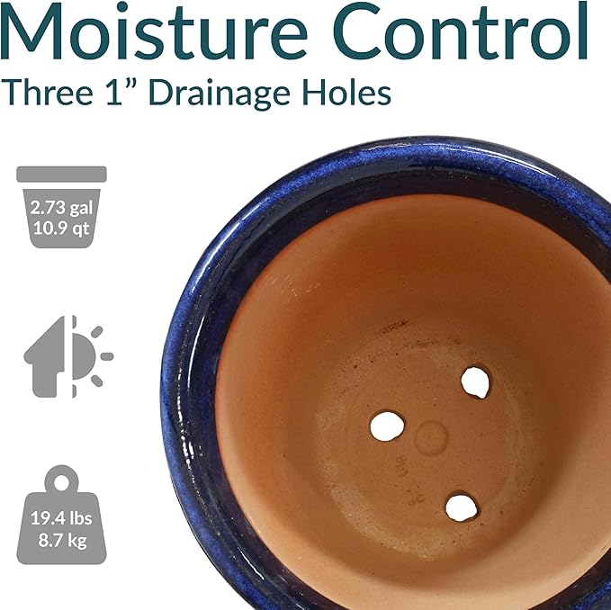 Sunnydaze Studio Large Ceramic Plant Pot - Round Outdoor Glazed Ceramic Planter Pot with Drainage - Imperial Blue - 14.5"