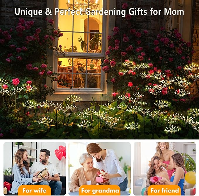 Solar Garden Light 4 Pack Twinkling Solar Firework Lights with 2 Modes 240LED, Solar-Powered Outdoor Waterproof for Outside Yard Pathway Garden Decor, Gardening Gifts for Women Mothers Day, Warm