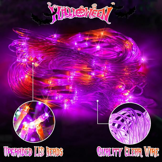 JXLEDAYY 200 LED Halloween Net Lights Outdoor Waterproof 3M*2M Mesh Lights Fairy String Lights Plug in with Timer 8 Modes for Bush Window Fence Garden Yard Roof Wall Decor-Purple and Orange