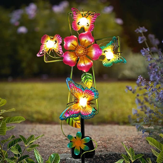 Solar Cross Garden Lights, Solar Butterfly Stake Lights Cemetery Decorations for Grave, Jesus Cross Sympathy Memorial Gifts for Mother Grandma, Metal Garden Art for Yard Lawn Patio Decor