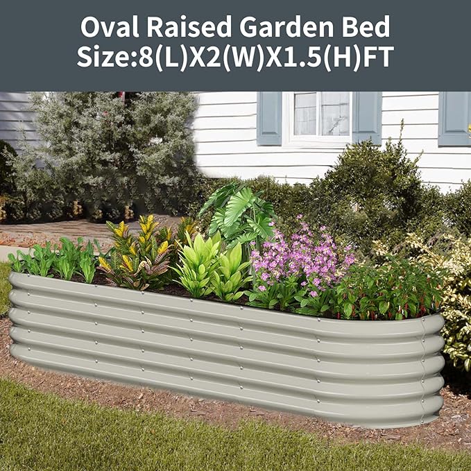 Kesfitt Galvanized Raised Garden Bed Kit,18" Tall 7-in-1 Outdoor Metal Planter Boxes with Safety Edging,8×2×1.5FT Modular Large Steel Raised Beds for Gardening Vegetables Fruits Flower