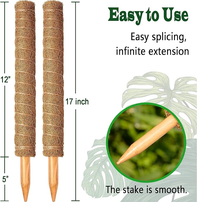 2 Pack 17 Inch Moss Pole, Stackable Moss Poles for Climbing Plants Monstera, Tall Plant Sticks Accessories, Large Coir Plant Support Stakes for Potted Plants Indoor, Pothos, Philodendron