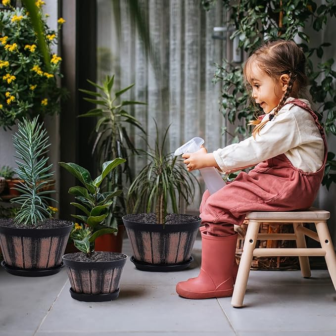 Quarut 6 inch Brown Barrel Planters with Drainage Holes & Saucer, Set of 4, Indoor & Outdoor Garden Home Plants