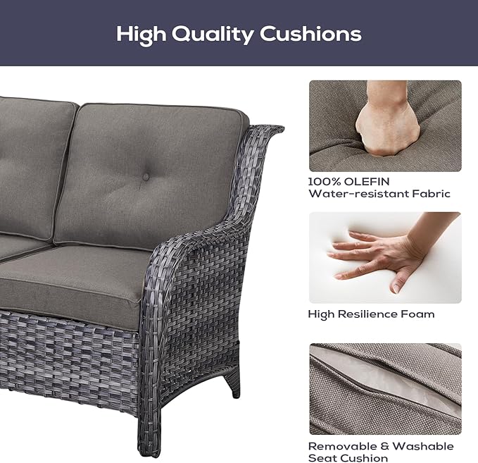 Outdoor Sectional Sofa Furniture Set with Propane Fire Pit Table, Wicker Patio Conversation Set with 2 Swivel Glider Rocker Chairs Grey Cushion Perfect for Backyard Casual Gathering