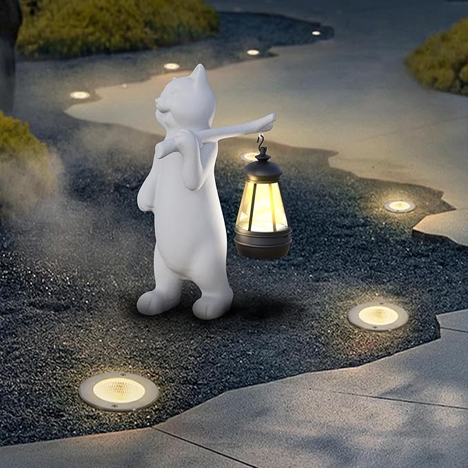 Solar Powered Garden Resin Statue Lights, 10 Inch Waterproof Outdoor Animal Cute Cat Figurine Lights, Suitable for Patios, Balconies, Lawns, Courtyards, Etc (Walking)