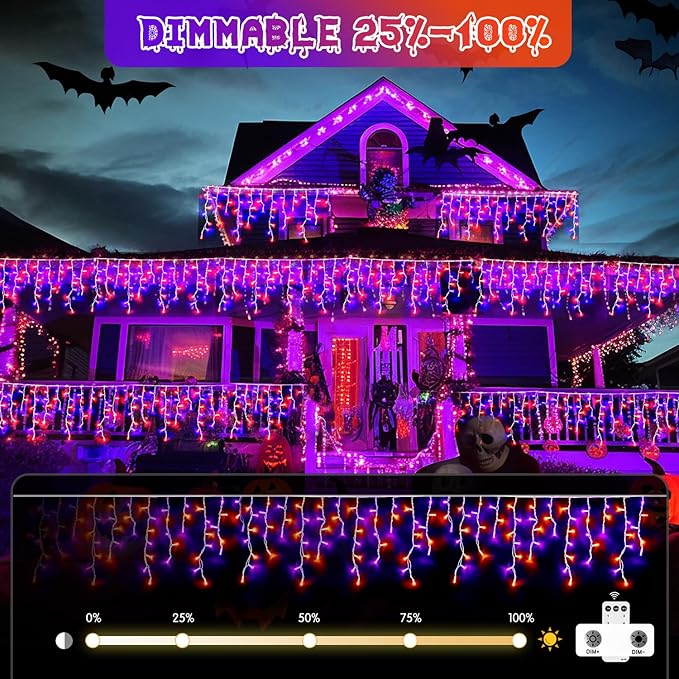 JMEXSUSS 400 LED Halloween Decor Orange and Purple Lights Outdoor, 8 Modes Orange Icicle Lights Indoor Outdoor Waterproof with Remote,Orange Halloween String Lights Plug in for Halloween Party Holiday